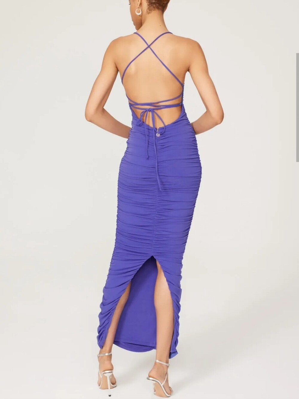 NEW Nookie Flirt Gown Purple Rouches Open Tie Back Long Sleeveless - Picture 2 of 4